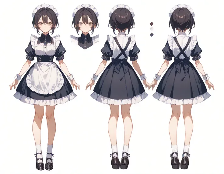 Character Sheet,[Sprite Sheet,She has dark shoulder-length hair and wears a short skirt.、Cross-dressing boy in maid outfit,cute, Delicate and short, (masterpiece)Ultra-detailed, (White Background),Multiple Views