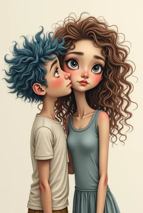 realistic drawing of a female curly brown hair, next to a short blue male hair