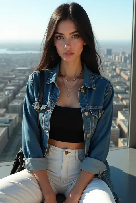 Create an image of Marcela Vitiello, blue-green eyes with honey, light snow skin with pink tone, Very long straight polished black hair,Sitting on a zinc terrace with a panoramic and urban view, modern poses, from the city at your feet.She is wearing casua...