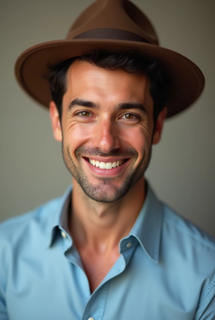 handsome man smiling with light blue shirt and brown hat black hair 

