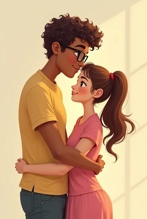 a tall boy with 
curly hair,small eyes
 hair ,brown skin tone and black glasses, giving a warm hug to a girl with doe eyes and long, flowing hair with a ponytail. She’s dressed in a cute pink outfit, her yellow skin tone contrasting nicely with the boy’s b...