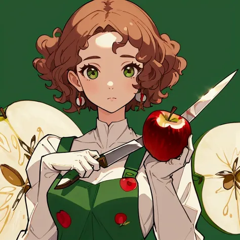 (masterpiece, best quality) detailed, a girl wearing a green overall, with short curly brown hair, ((she is cutting an apple wit...