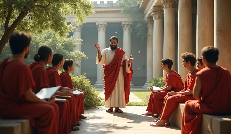 "An outdoor scene at a school of rhetoric in ancient Rome, with young students gathered around a charismatic teacher who teaches with enthusiasm. the master, dressed in a toga, gestures while speaking, capturing students&#39; attention, who are sitting on ...