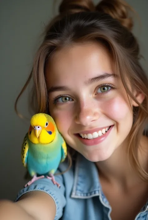 Budgie and beautiful tennager girl close up selfie