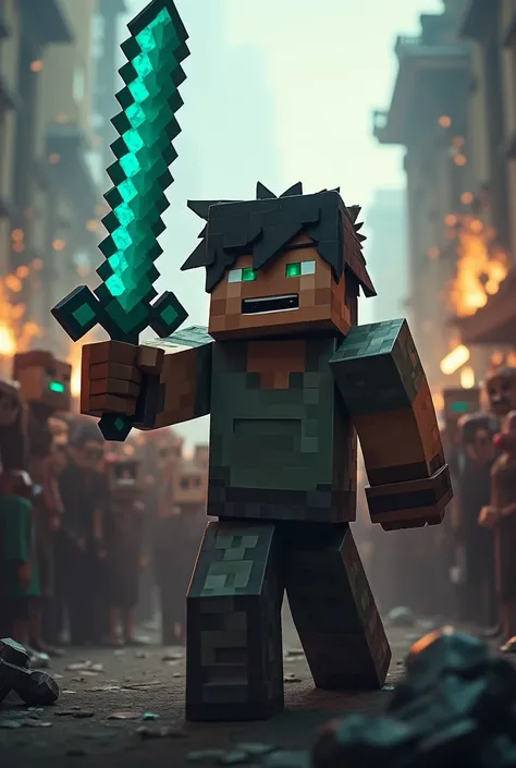 "I want to create a thumbnail where there are a lot of people in front, and I am holding a diamond sword. My skin should look dangerous."
In Minecraft not Steve skin