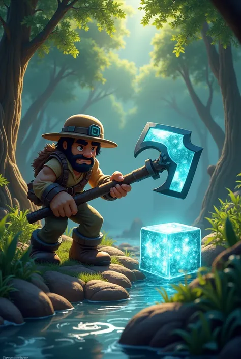 A character, is focused on mining a block of diamond. With a shiny diamond pickaxe in hand, he prepares to strike the block, that shines brightly. Around her, a natural setting stands out: tall, leafy trees surround the area, and a small stream flows nearb...