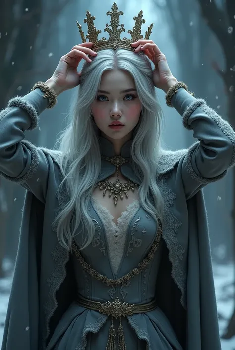 Princess with silver hair and bright eyes, with winter clothes,  two hands putting a crown on his head, gothic aesthetics 