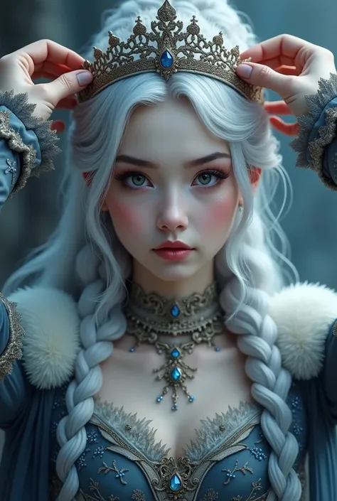 Princess with silver hair and bright eyes, with winter clothes,  Two hands of someone putting a crown on their head, gothic aesthetics 