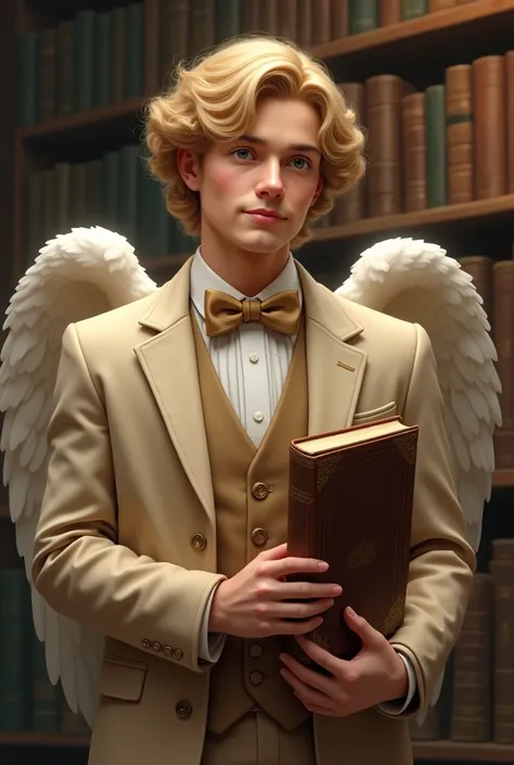 An angel with a gentle and kind appearance, wear a smart beige jacket over a traditional vest, with bow tie. He has curly blond hair, fair skin and a face that shows kindness, lovable. He often holds an old leather book.. His style is classic and elegant.,...