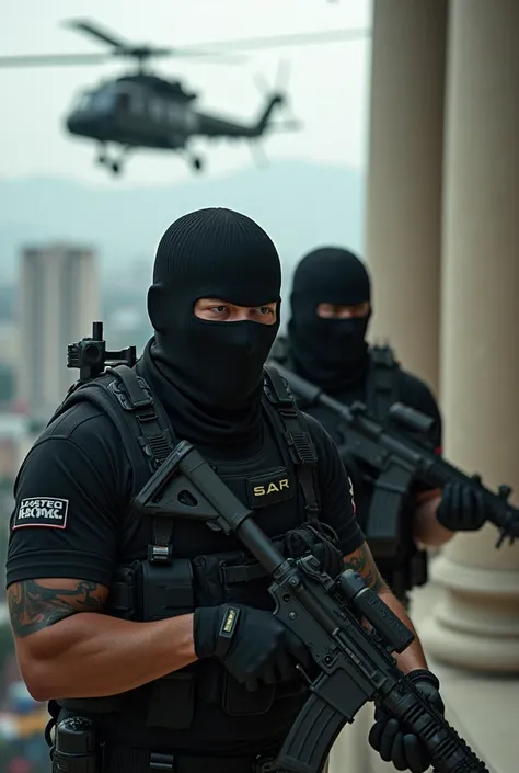 Create a group of navy seal soldiers,  with his face covered by a balaclava,  depending on a helicopter at the Miraflores Palace in Caracas Venezuela 