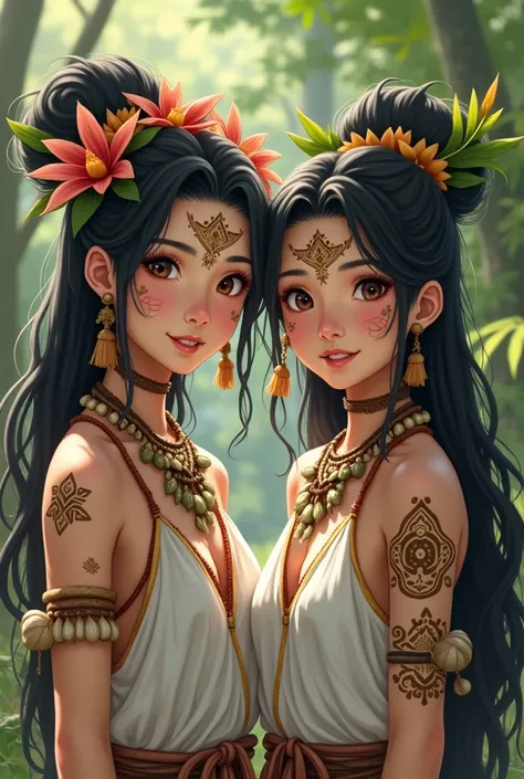 Two Girls, Jomon people、Jomon period、Jomon Girl、Jomon Gal、Jomon Tattoo、Tribal Tattoos、accessories、Stylish、nature、White clothes smile、Bun Hair、Rave、Doof、party