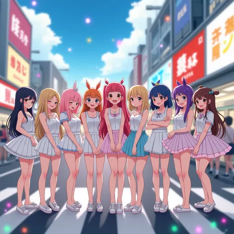 ((ExtremelyDetailed (PUNIPUNI KAWAII 12 Girls in a row:1.37) Shibuya Hachiko-mae scramble crossing)), (masterpiece 8K TopQuality:1.2) (ProfessionalPhoto:1.37), {(Standing Full Body:1.2)}, Different types of hair colors, {(White(skinny school swimwear))|Sch...