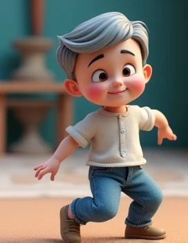 create a character in a 3D pixar style drawing of a  boy, with thin eyebrows, with a grayish short, combed back, who is wearing jeans and a white shirt, which he applies all over his body, without a background image, a solid color background.