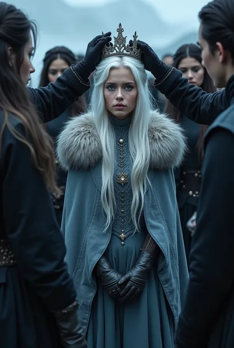 Princess with silver hair and bright blue eyes, with winter clothes,  someone else putting a crown on their head, surrounded by dark-haired people, gothic aesthetics 