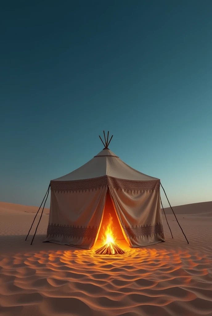 Front image of a square Jewish tent in the desert, open and with fire inside