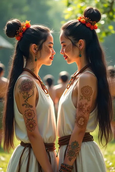 Two Girls, Jomon people、Jomon period、Jomon Girl、Jomon Gal、Jomon Tattoo、Tribal Tattoos、accessories、Stylish、nature、White clothes smile、Bun Hair、Rave、Doof、party