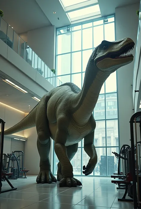 Un diplodocus dans une salle de sport