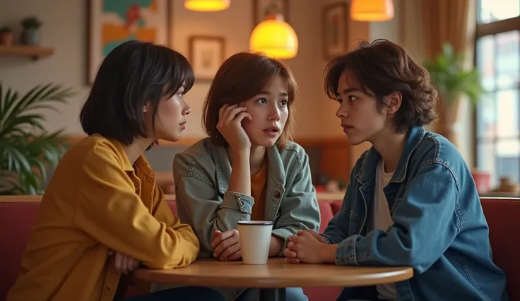 A group of three young adults, casually dressed, sit around a small table in a coffee shop, talking. The lighting is warm, and the atmosphere is light, but one of the friends—a young adult with short brown hair and pale skin—sits apart from the others, loo...