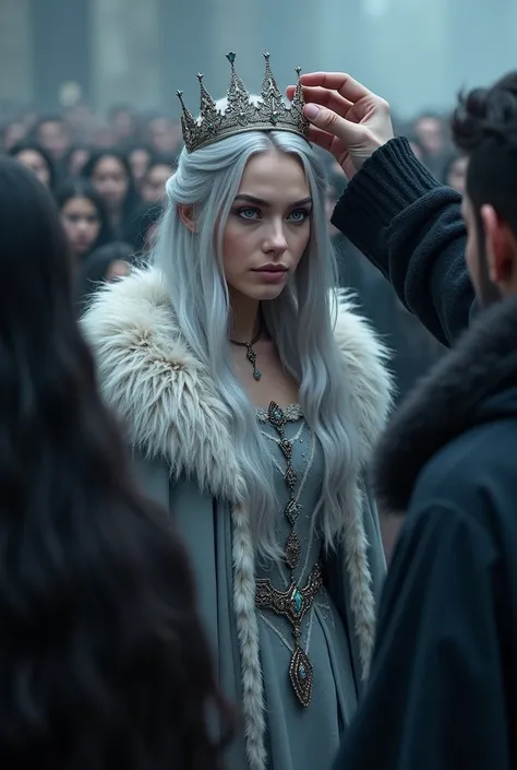 Princess with silver hair and bright blue eyes, with winter clothes,  someone else putting a crown on their head, in front of many dark-haired people, gothic aesthetics 