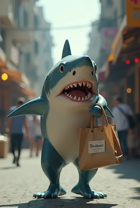 Shark carrying a shopping bag