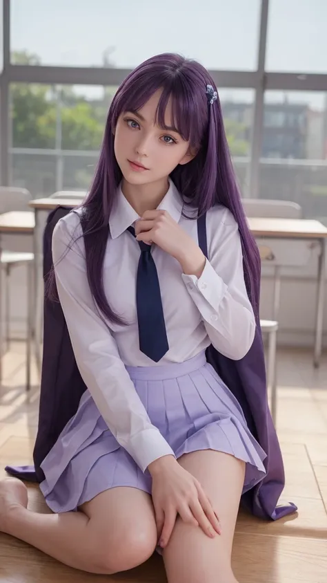 European Girl.  Facial details.  Delicate facial features.  Half-closed eyes.  blue eyes.  Long Straight Hairstyle. Purple Hair.  A calm face. ((Sexy pose)). Beautiful thighs. Beautiful bust. Beautiful background. ((School uniform)). ((Full Body Shot)). (H...