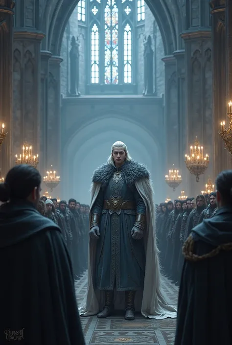 Prince with silver hair and bright blue eyes, with winter clothes,  someone putting a crown on his head, inside a gothic castle, in front of many dark-haired people, gothic aesthetics 