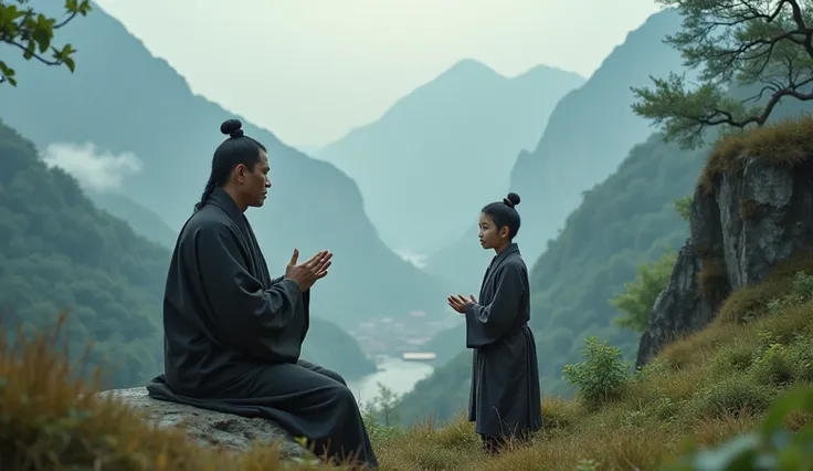 a young man seeking guidance from an old zen master in a chinese village nested in the mountains background, hyper realistic, 8k