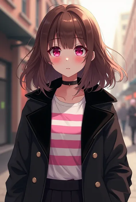 Create an image of a lively girl wearing a black coat with velvet on the collar of the coat and having a white top with pink stripes and a black skirt and having pink eyes with semi-long brown hair with a slightly serious look.