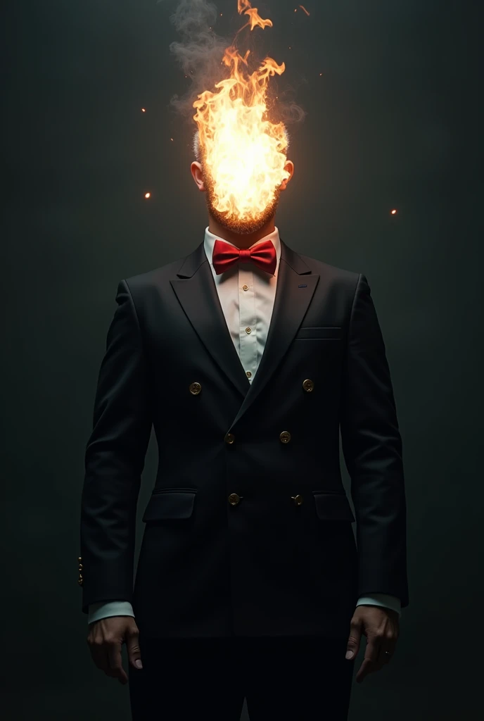 Man wearing a black suit with a red bow tie, in place of a head he has a flame Of white fire