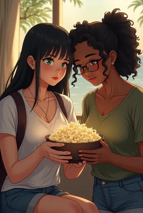 eating popcorn, a woman has green eyes, long black hair, straight, slightly wavy, wears a crucifix chain and a backpack on her back, a pink blouse, the other woman is fat, brown and wears glasses, black hair, curly in a ponytail, brown eyes, men&#39;s shir...