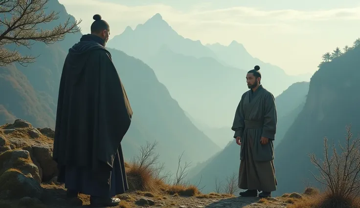 a young man seeking guidance from an old zen master in a chinese village nested in the mountains background, hyper realistic, 8k