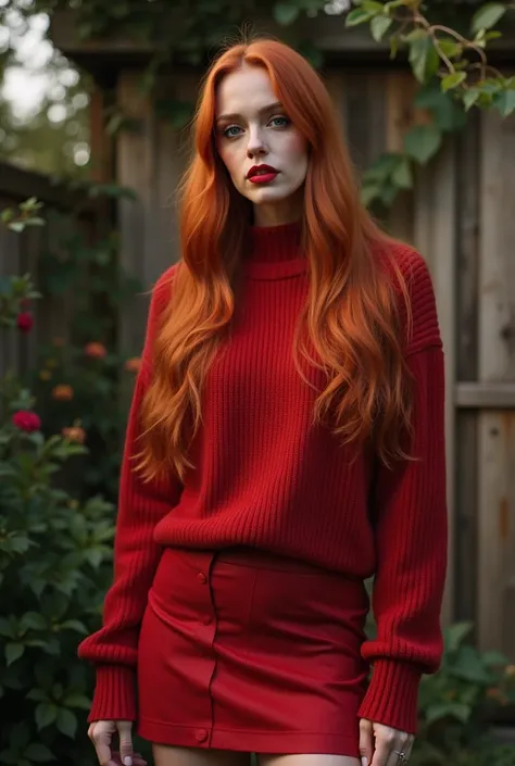 hyper photorealistic picture of a beautiful 2 woman with long silky ginger hair, red lipgloss and smoky eyeshadow wearing a red sweater and mini skirt standing in a garden shed