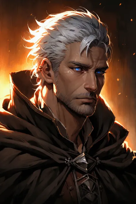 intricate portrait of a handsome mature 65 white male, short silver hair, piercing blue eyes, mid fifties, rugged and masculine facial features, wearing a leather tunic and a medieval cloak,portrait,cinematic lighting,dramatic chiaroscuro,warm color palett...