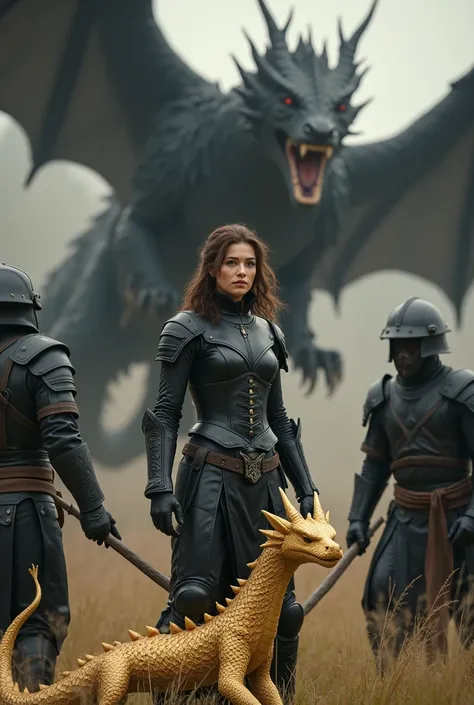 a clearing with a small golden dragon, a woman of approximately 2 in black leather armor, brown hair with white tips is defending the golden dragon against 3 adult men dressed in black leather armor , behind the golden dragon appears a black dragon