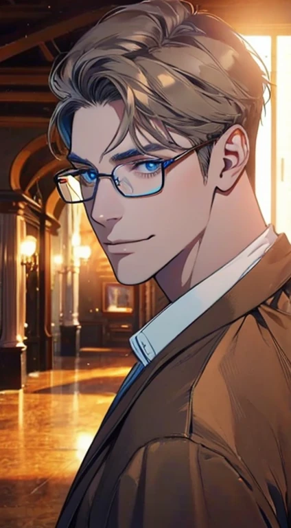 a mature man with short grey brown hair, blue eyes, 3, perfect face, smiling, CEO, cinematic lighting, 1:4 HDR, top view, ultra detailed, best quality, masterpiece, 8K, photorealistic, beautiful image, glasses