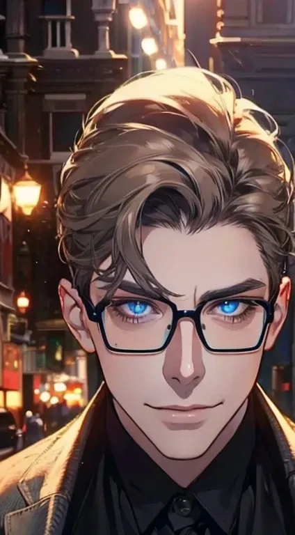 a mature man with short grey brown hair, blue eyes, 3, perfect face, smiling, CEO, cinematic lighting, 1:4 HDR, top view, ultra detailed, best quality, masterpiece, 8K, photorealistic, beautiful image, glasses