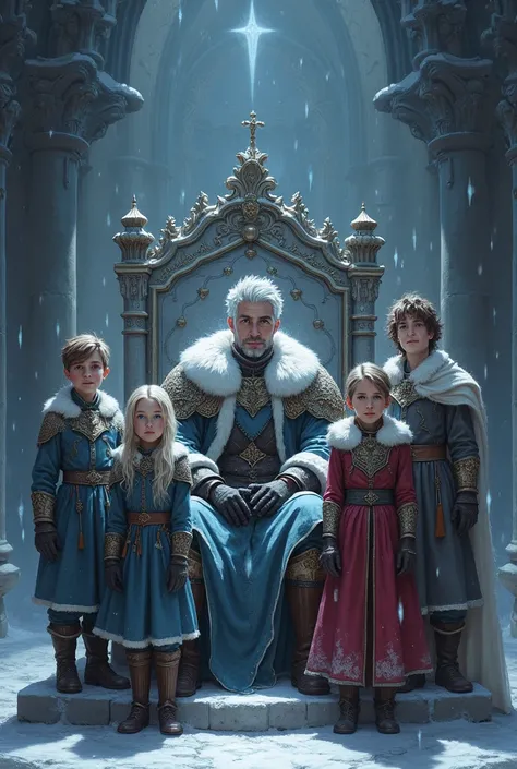 King in winter clothes, short wavy silver hair, bright blue eyes sitting on his stone throne, At his side little princes and princesses dressed in clothes like his. gothic aesthetics 