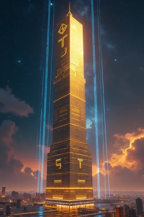 A golden skyscraper resembling Trump Tower, 「STJ」It says:. Ethereum and the Dollar Sign Rise. Blockchain connections are indicated by glowing blue lines. The background is space and galaxy