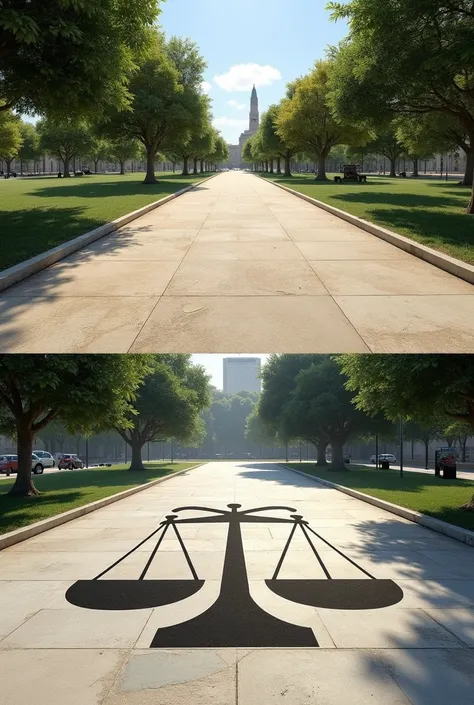 create an image of urban intervention in Parque do Carmo, do it before the intervention and after, In the first one, without the intervention, the floor is bare and the park is normal, and the second one, with the intervention, is a drawing of the symbol o...