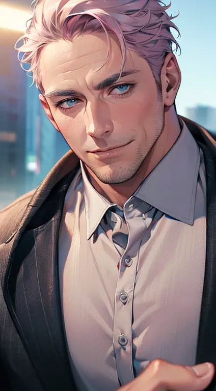 (best quality,4k,8k,highres,masterpiece:1.2),ultra-detailed,(realistic,photorealistic,photo-realistic:1.37),1 man,3,mature man,very handsome,without expression,smile,short grey pink hair,blue eyes,penetrating gaze,perfect face without errors,imposing postu...