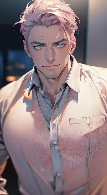 (best quality,4k,8k,highres,masterpiece:1.2),ultra-detailed,(realistic,photorealistic,photo-realistic:1.37),1 man,3,mature man,very handsome,without expression,smile,short grey pink hair,blue eyes,penetrating gaze,perfect face without errors,imposing postu...