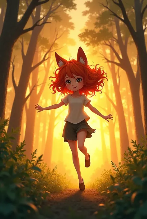 girl, schoolgirl, red curly hair, below the shoulders, fox-like, skinny, smiles playfully, in a top and shorts, dances, In the forest, against the backdrop of sunset, 