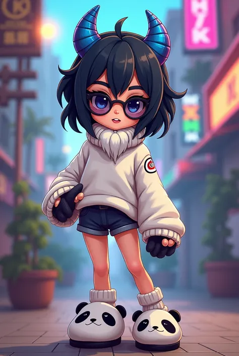 Cartoon image with a gamer background, a female character from Free Fire with black hair and blue horns, white beard with dark glasses, white turtleneck sweater, cobra fists, short shorts with panda slippers 