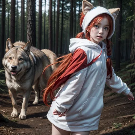 A little red-haired girl with pigtails wearing a white hood with several red spots running away from a blue-eyed gray wolf in a dark forest.