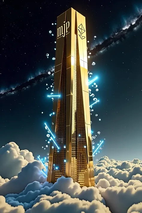 A golden skyscraper resembling Trump Tower, 「MJP」It says:. Ethereum and the Dollar Sign Rise. Blockchain connections are indicated by glowing blue lines. The background is space and galaxy