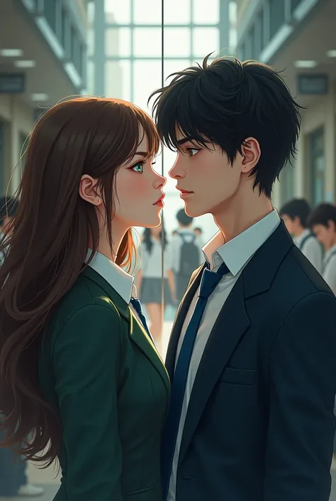 Create a cover for a Wattpad book where a girl with green eyes and long brown hair and a tall boy with blue eyes and black hair are separated by a line and in the background there is a school. that the uniform be a white shirt, a navy blue tie and a grey s...