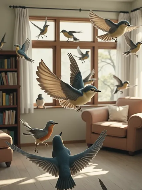 Birds in room, birds flying, realistic