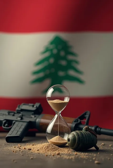 An inverted hourglass with sand receding below it, in the shape of the Lebanese flag, and next to it a Kalashnikov and a hand grenade.