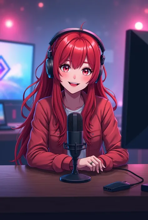 A woman sitting at a table with a laptop and a microphone, sitting in front of a microphone, streamer do twitch, streamer do twitch/Player Ludwig, red hair, giving an interview, accurate portrayal, taking control while smiling, H3H3, with a happy expressio...