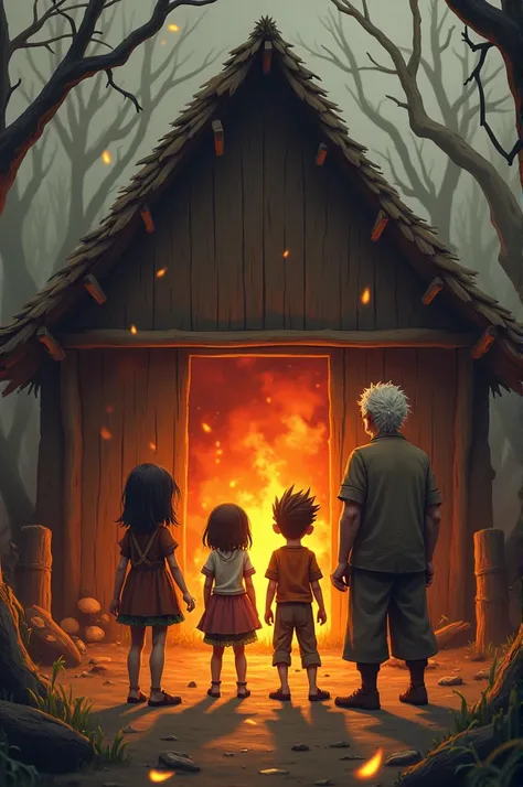 A hut with life that has embers of a dry tree and a girl and two boys and an old man facing it with an explosion 